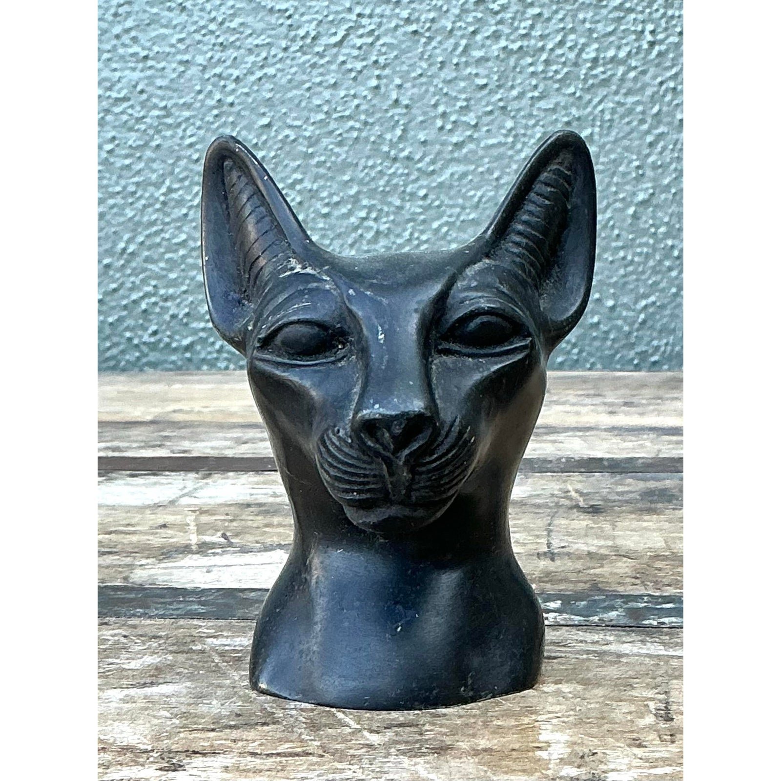 Vintage Metal Cat Head Paperweight - Side view