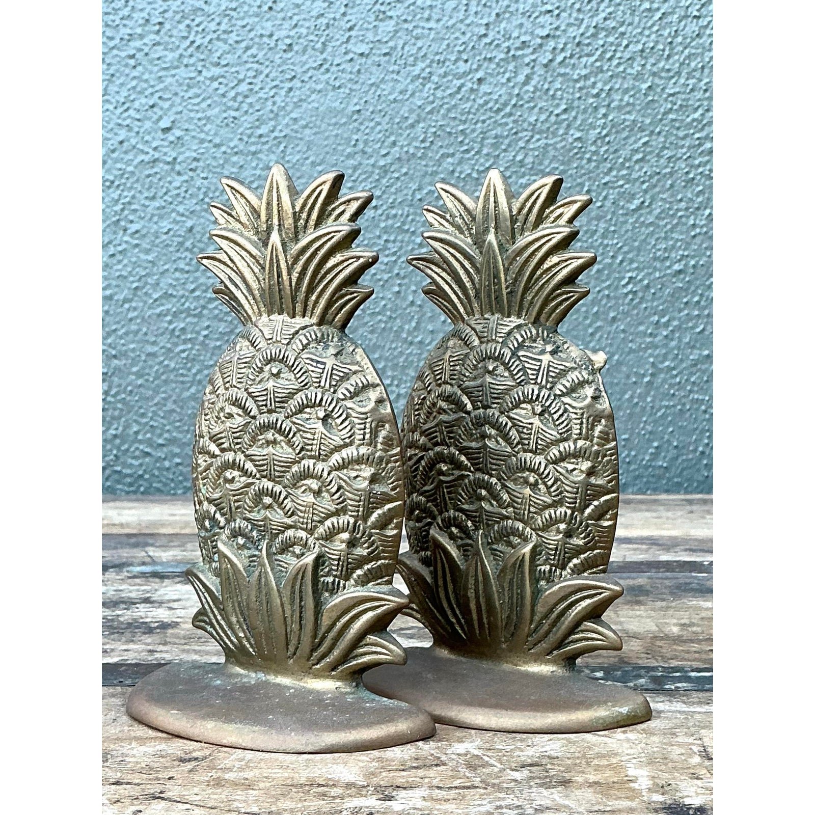 Vintage Brass Pineapple Bookends - Set of 2 - Top view