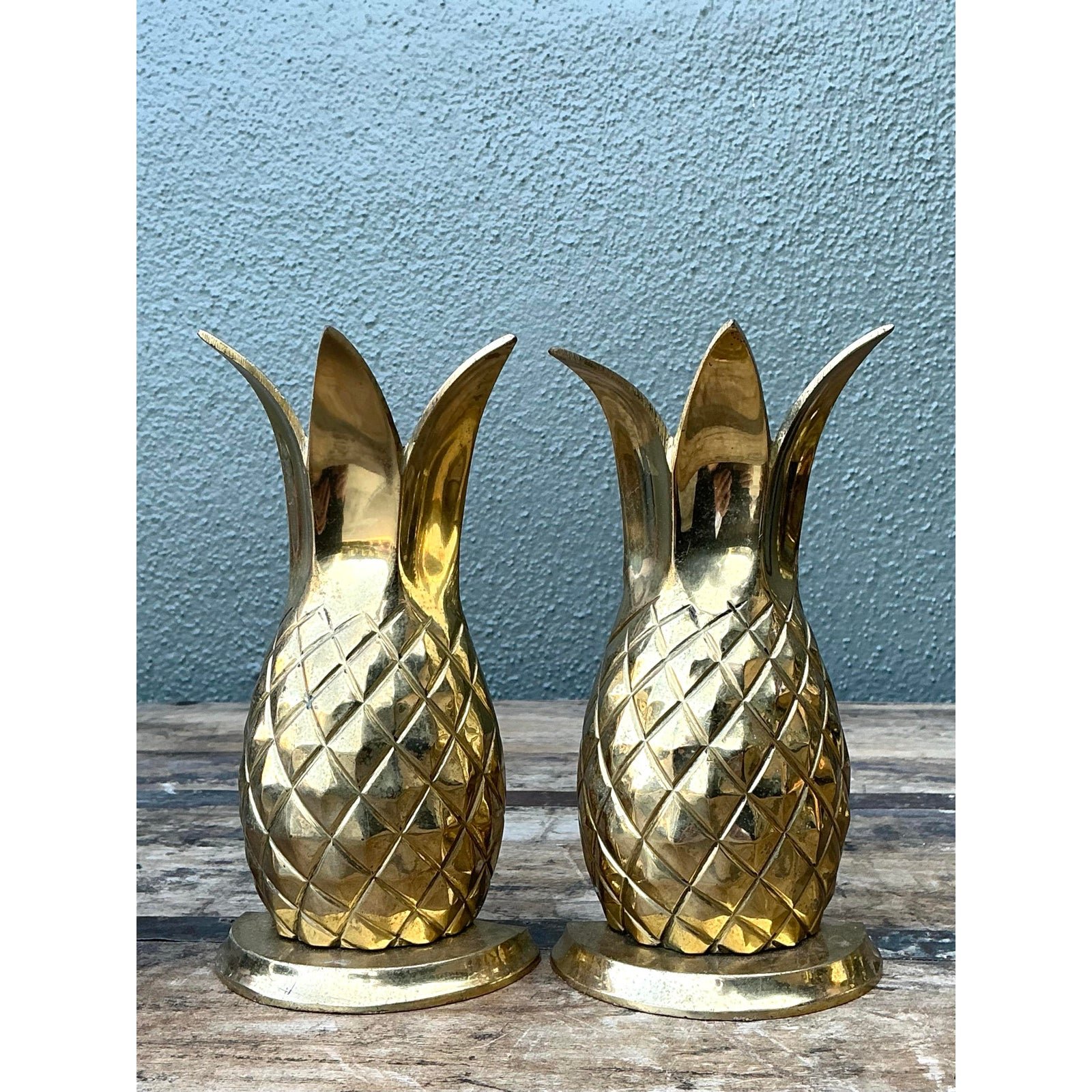 Vintage Polished Brass Pineapple Bookends - Set of 2 - Side view