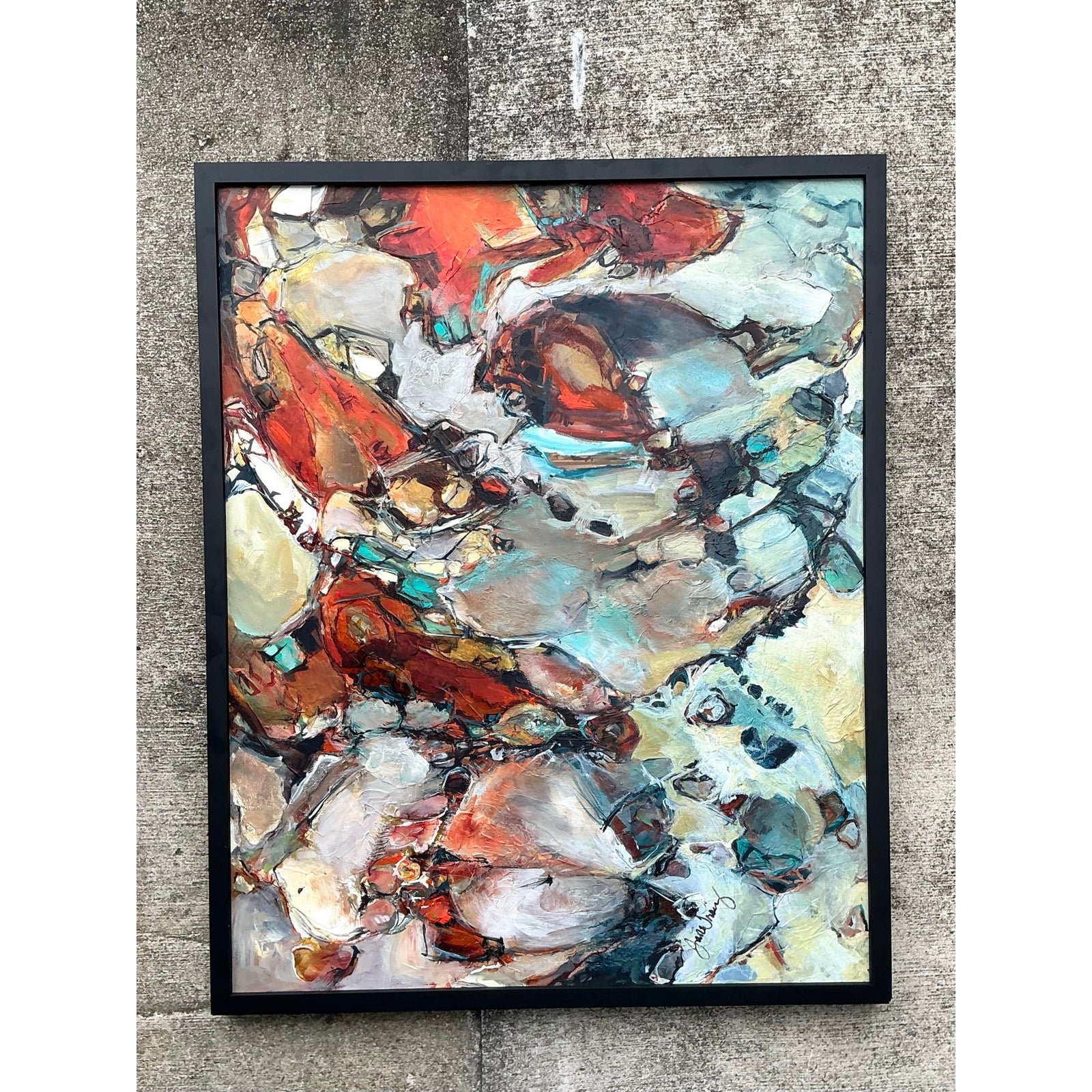 Vintage Original Abstract Oil Painting on Board - Wood, 33.5W x 41.5H - Side view
