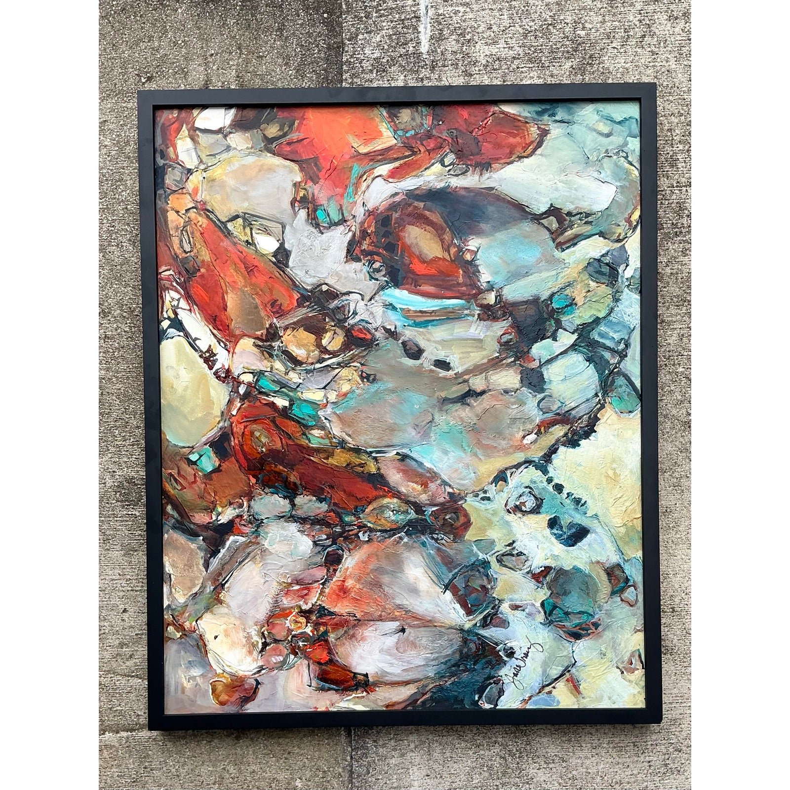 Vintage Original Abstract Oil Painting on Board - Wood, 33.5W x 41.5H - Top view