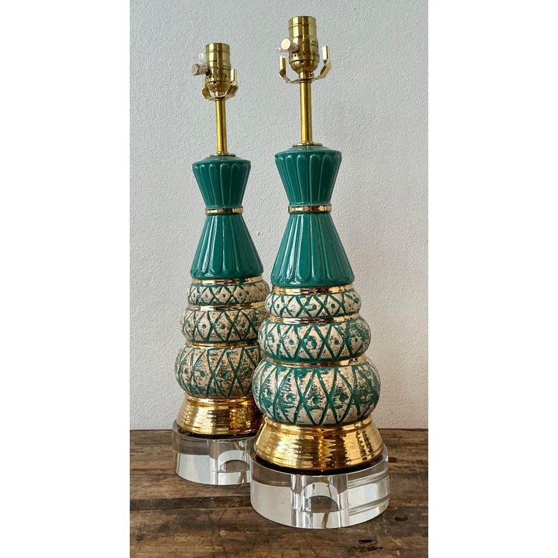 Vintage MCM Glazed Ceramic Lamps - A Pair - Acrylic, 6W x 20.5H - Back view