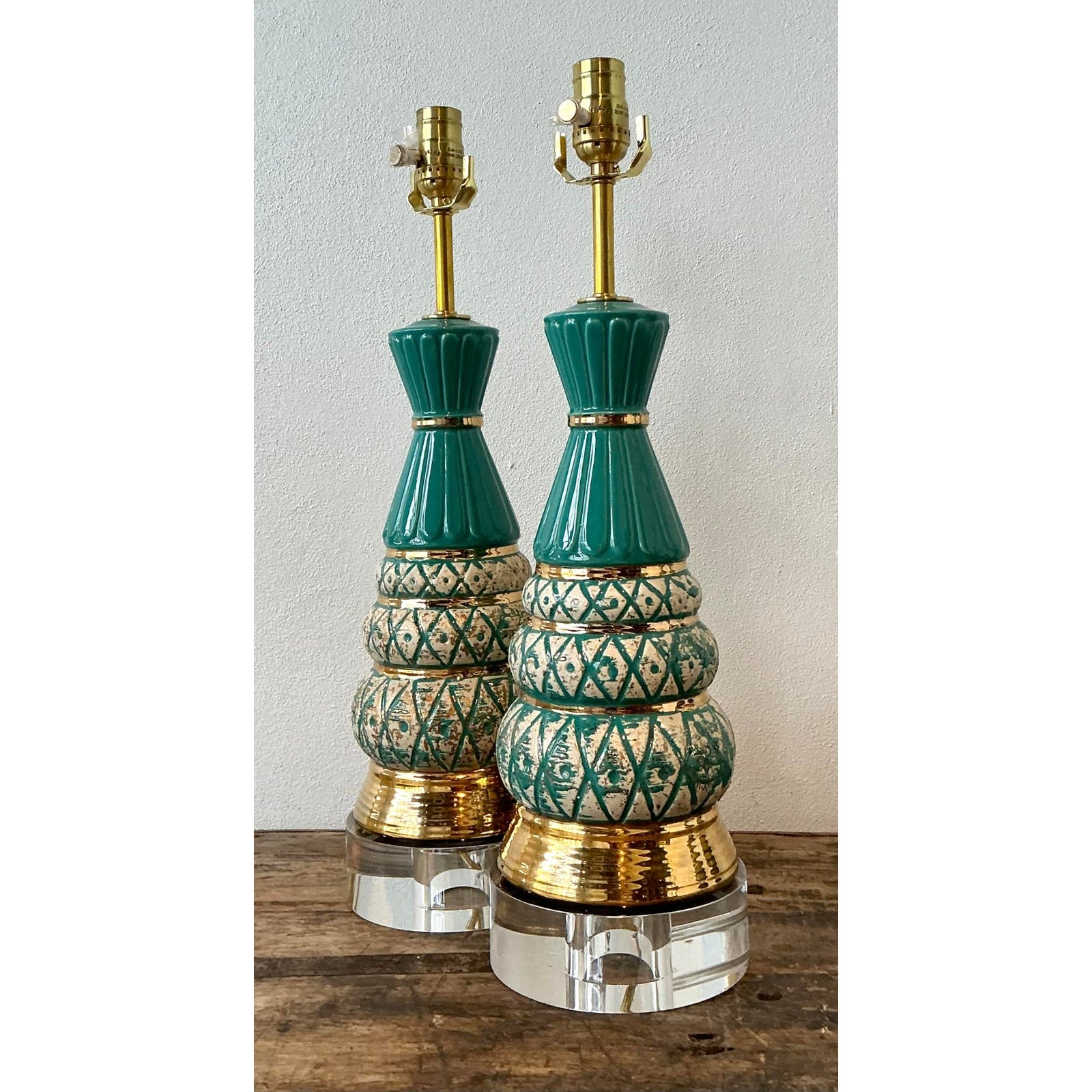 Vintage MCM Glazed Ceramic Lamps - A Pair - Acrylic, 6W x 20.5H - Top view