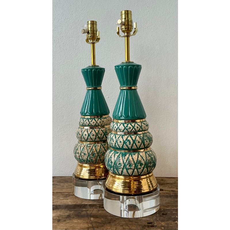 Vintage MCM Glazed Ceramic Lamps - A Pair - Acrylic, 6W x 20.5H - Side view