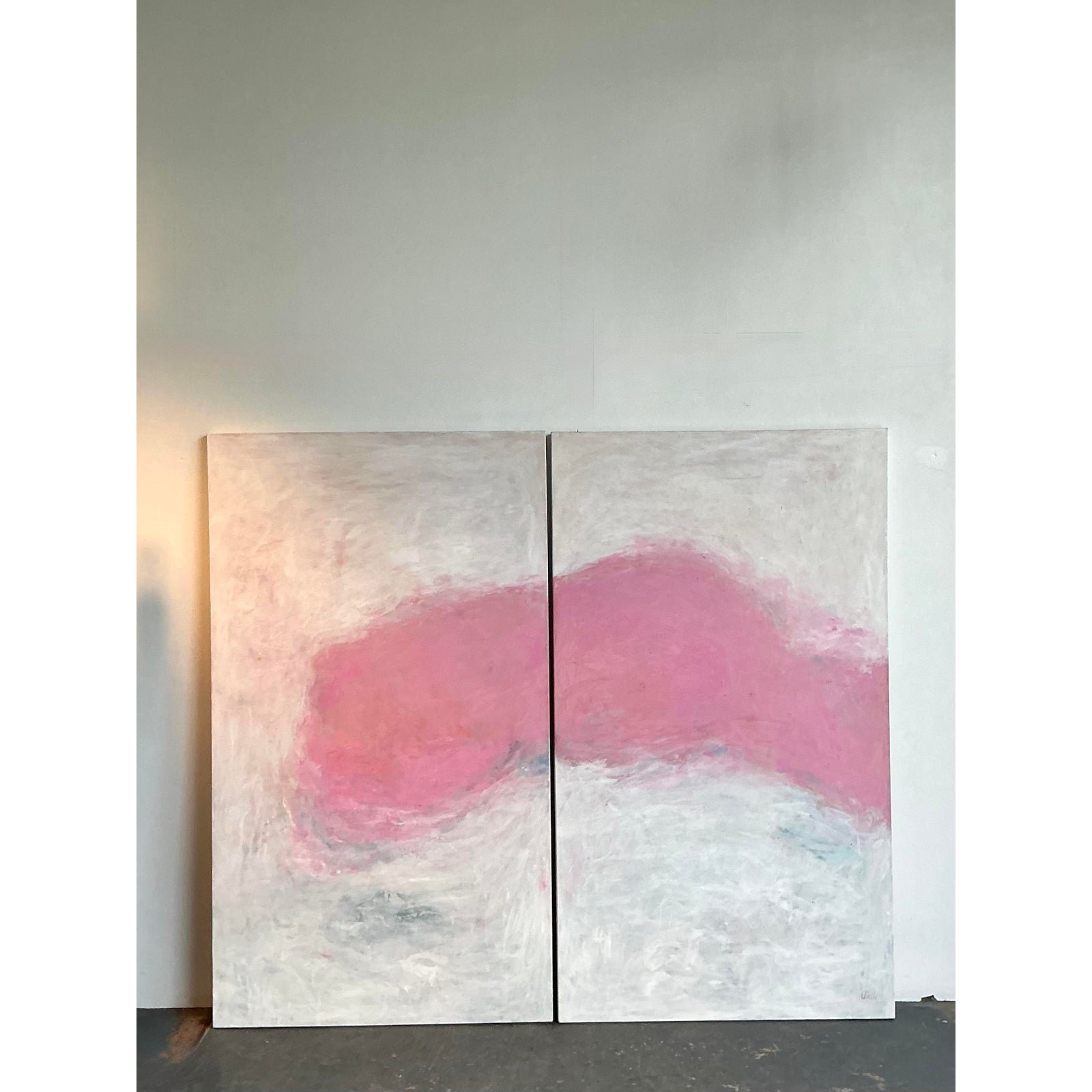 Vintage Monumental Original Abstract Diptych Oil Painting on Canvas - Set of 2 - Detail view