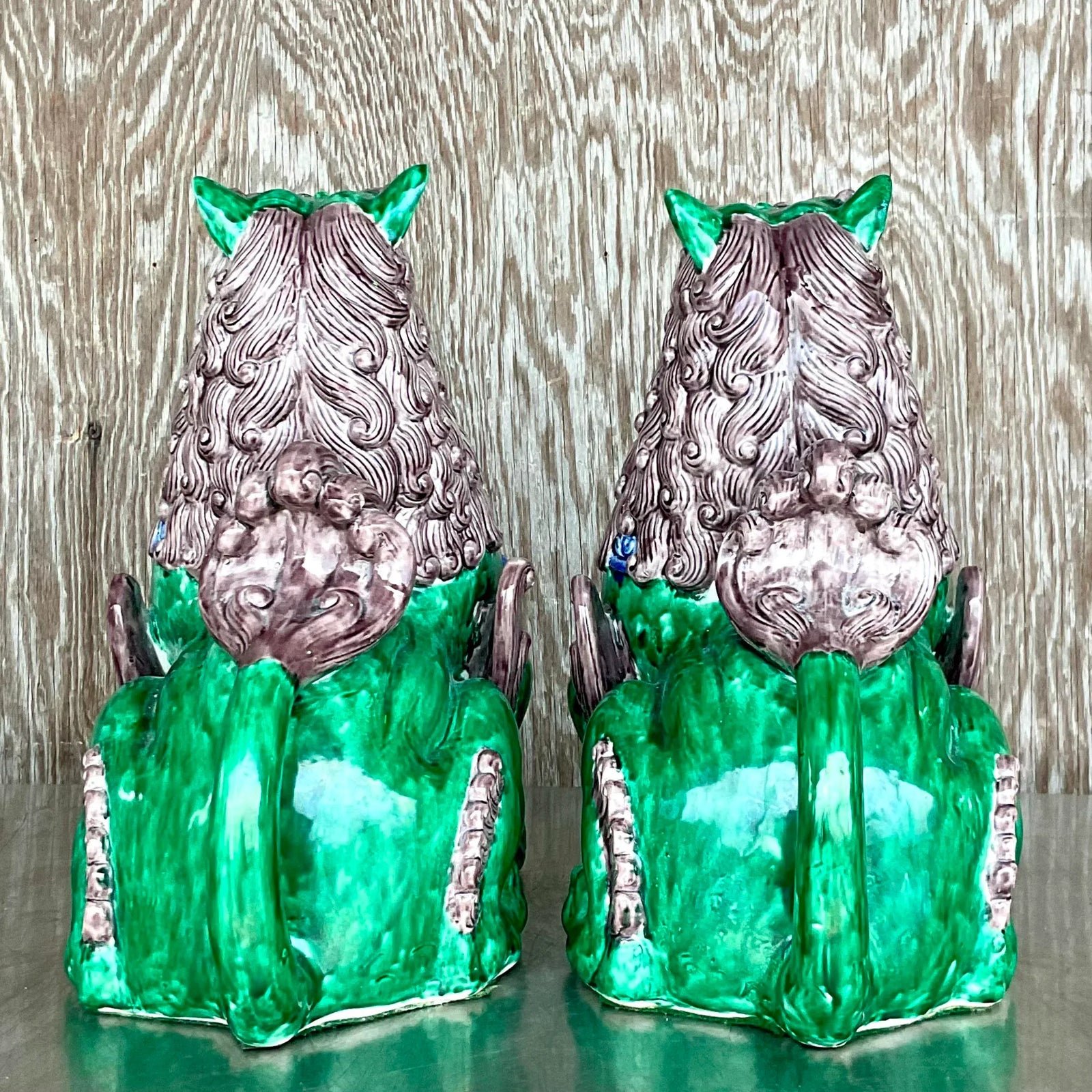 Vintage Asian Glazed Ceramic Foo Dogs - a Pair - Ceramic, 13W x 14.5H - Side view