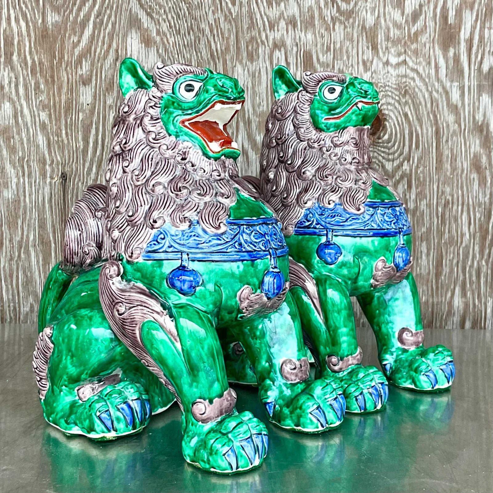 Vintage Asian Glazed Ceramic Foo Dogs - a Pair - Ceramic, 13W x 14.5H - Detail view