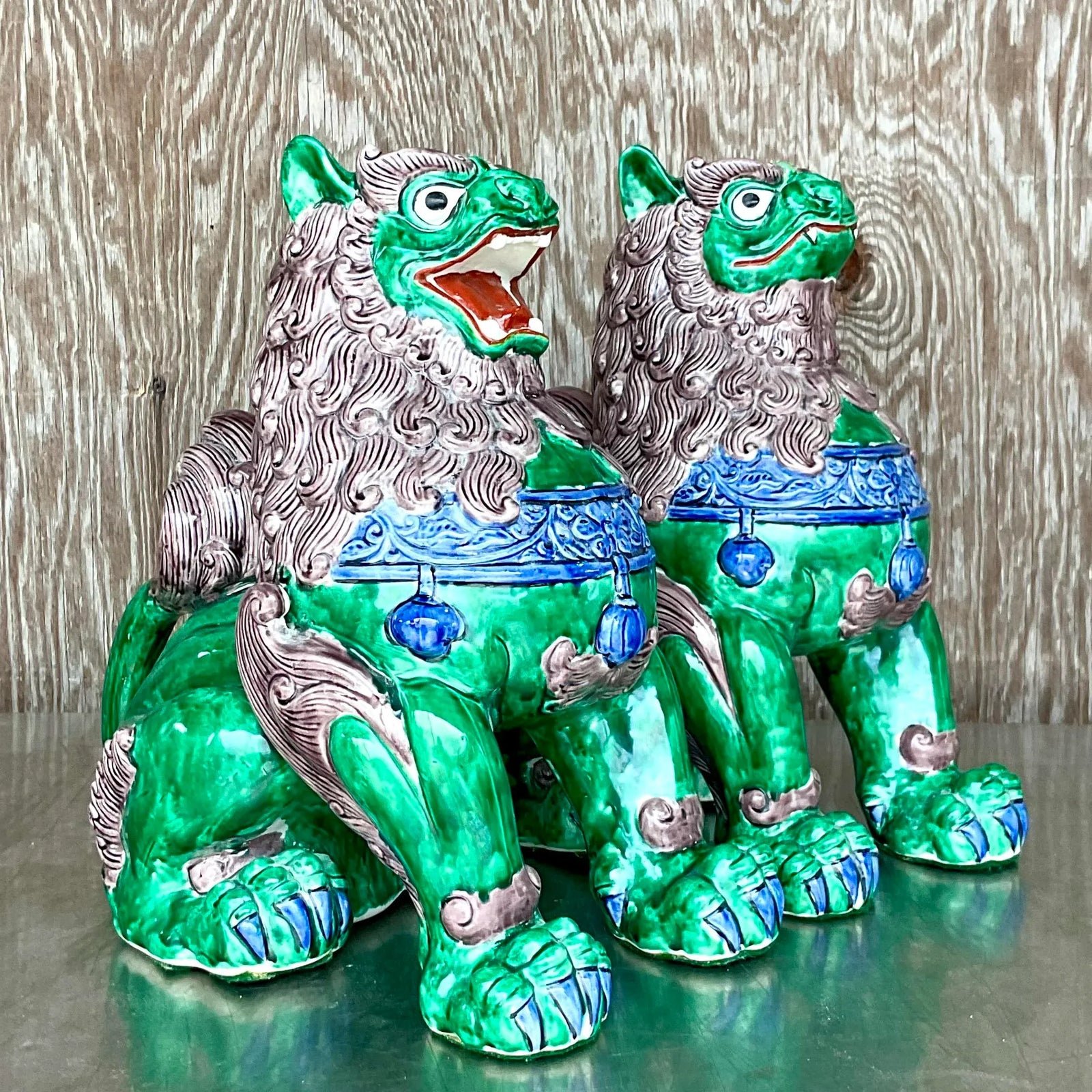 Vintage Asian Glazed Ceramic Foo Dogs - a Pair - Ceramic, 13W x 14.5H - Back view