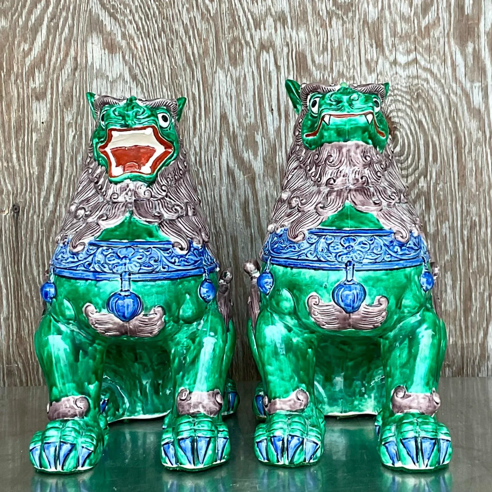 Vintage Asian Glazed Ceramic Foo Dogs - a Pair - Ceramic, 13W x 14.5H - Top view