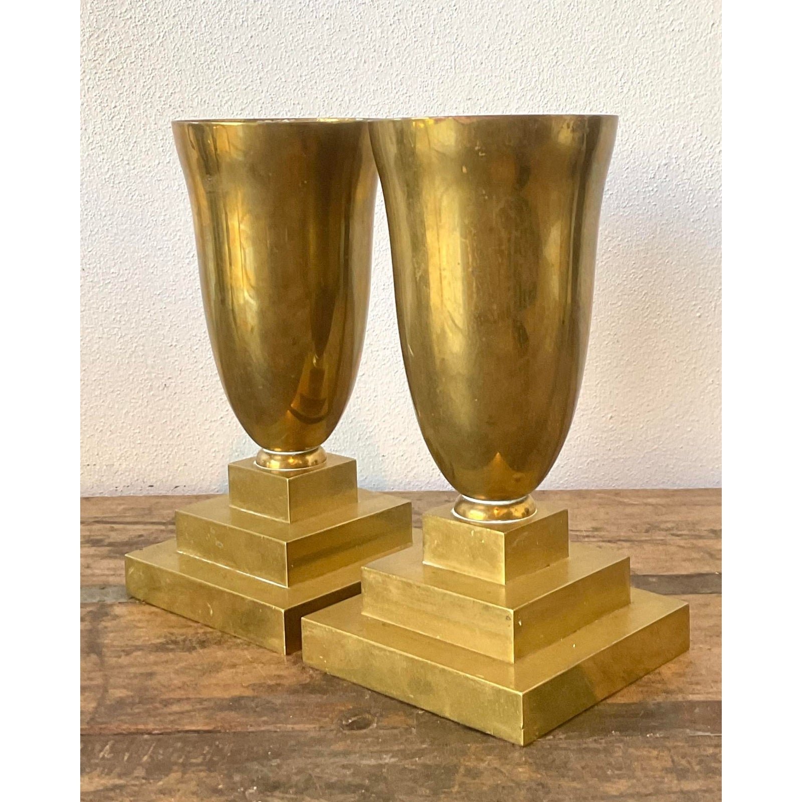 Vintage Brass Pedestal Urns - A Pair - Detail view