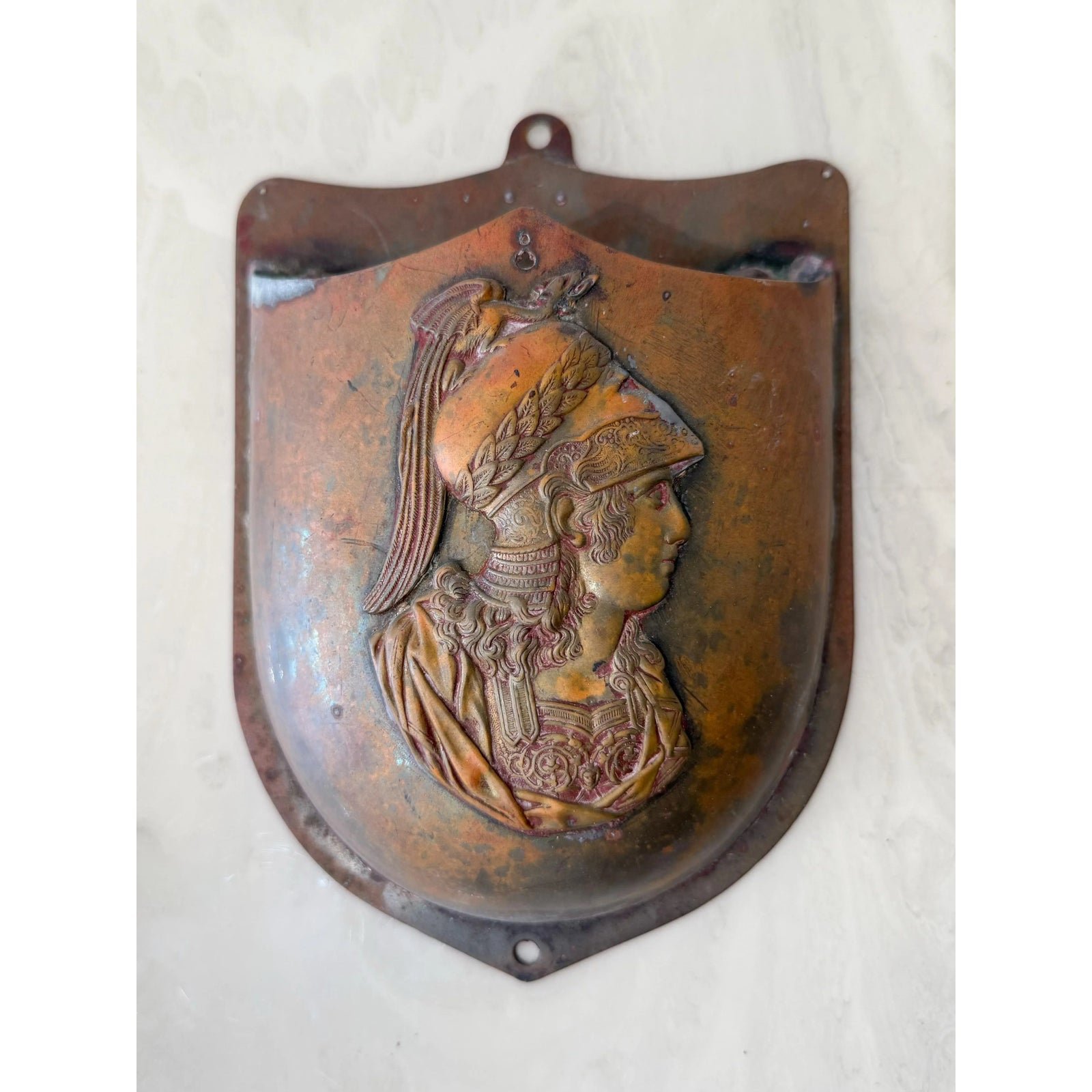 Vintage Embossed Copper Gladiator Wall Pocket - Detail view
