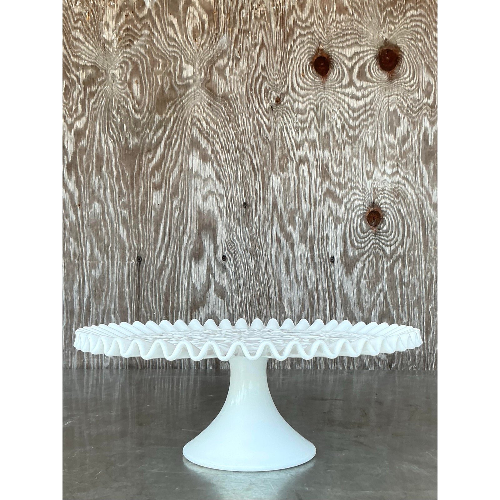 Vintage Regency Ruffled Milk Glass Cake Stand - Side view