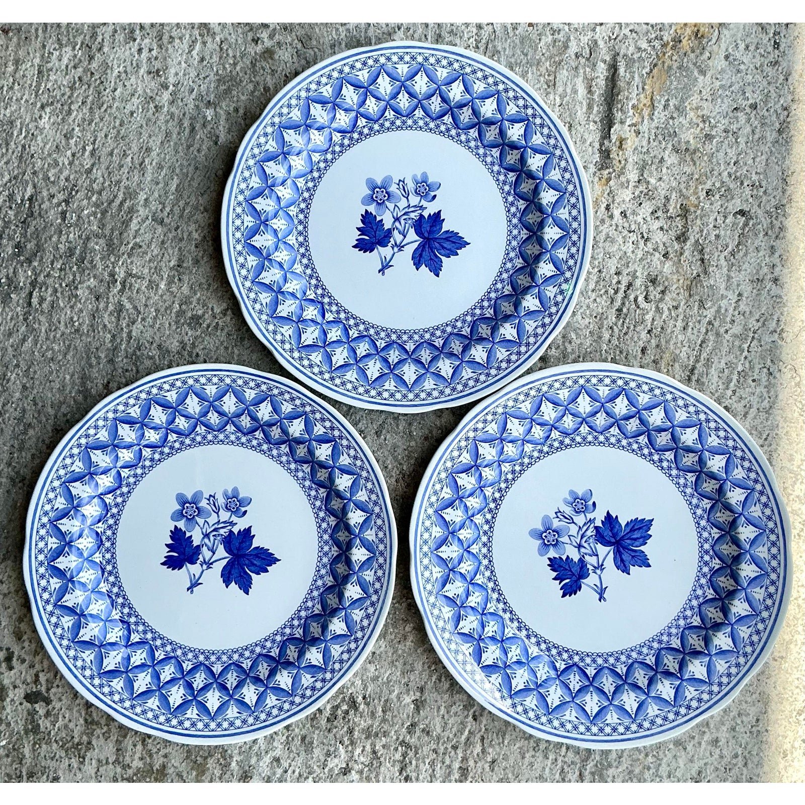 Vintage English Blue Geranium Ceramic Plates - Set of 3 - Top view