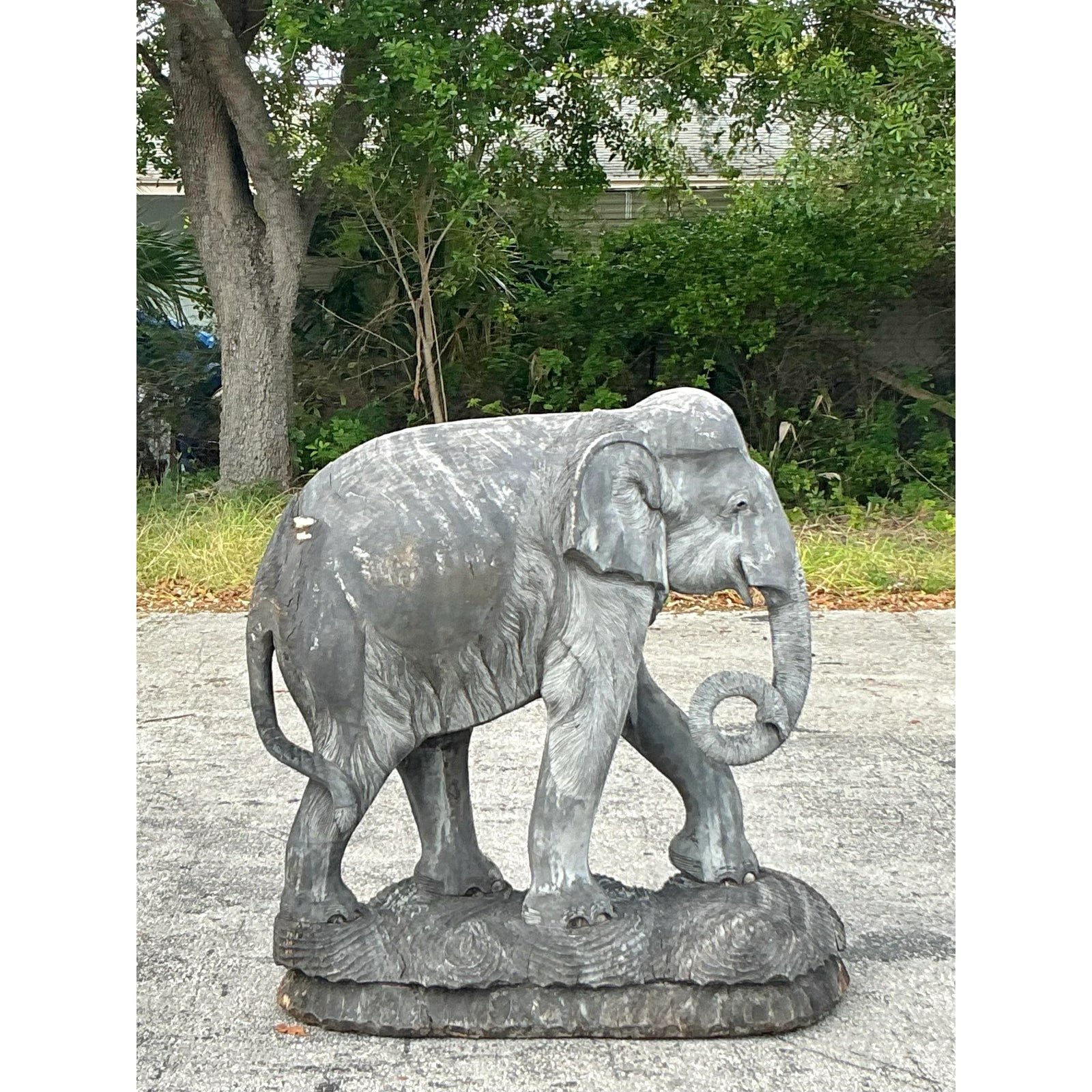 Late 20th Century Vintage Boho Monumental Carved Wooden Elephant - Back view