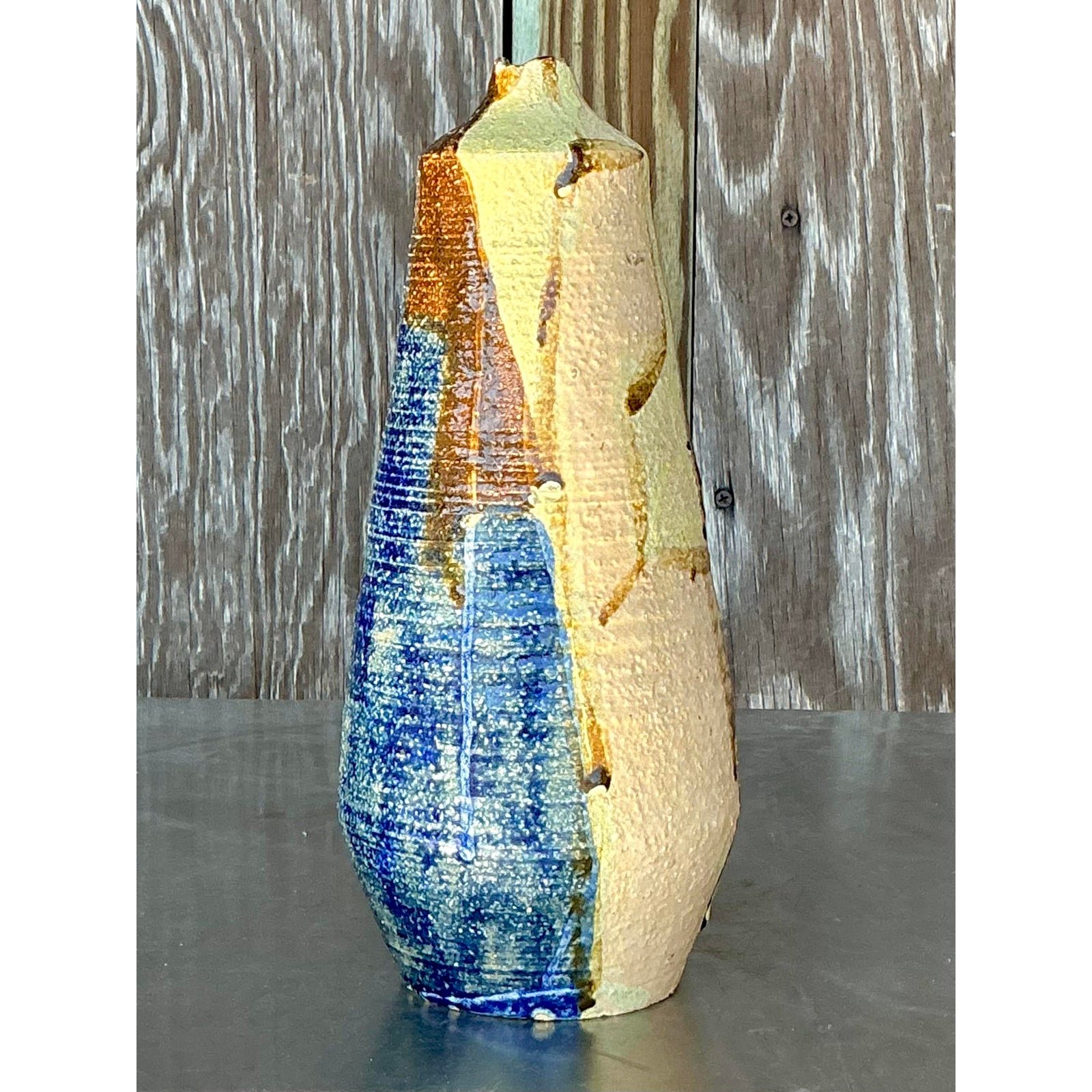 Vintage Boho Original Studio Pottery Vase - Pottery, 4.5W x 10.5H - Back view