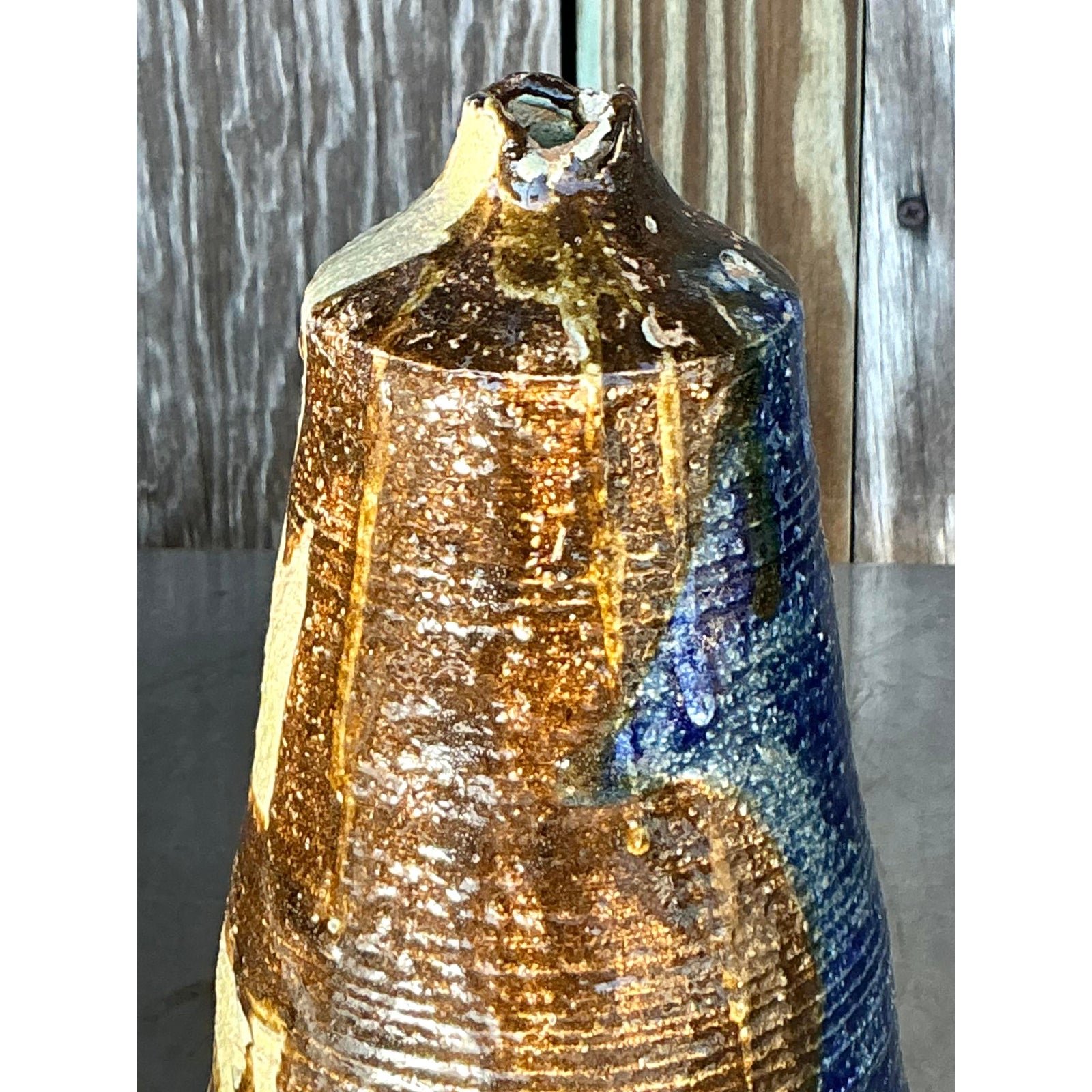 Vintage Boho Original Studio Pottery Vase - Pottery, 4.5W x 10.5H - Top view