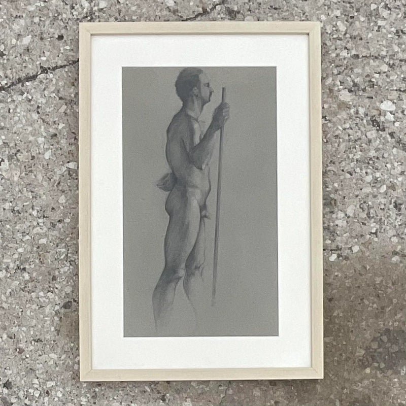 Vintage Boho Original Drawing of Nude Male - Side view