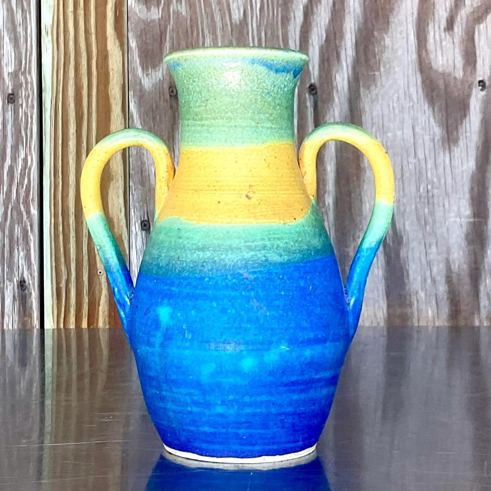Vintage Boho Signed Studio Pottery Vase - Pottery, 6.5W x 8H - Back view