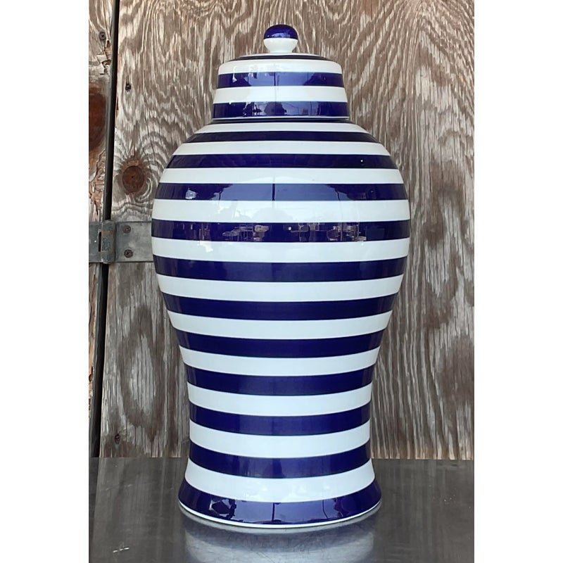 Vintage Contemporary Glazed Ceramic Striped Ginger Jar - Back view