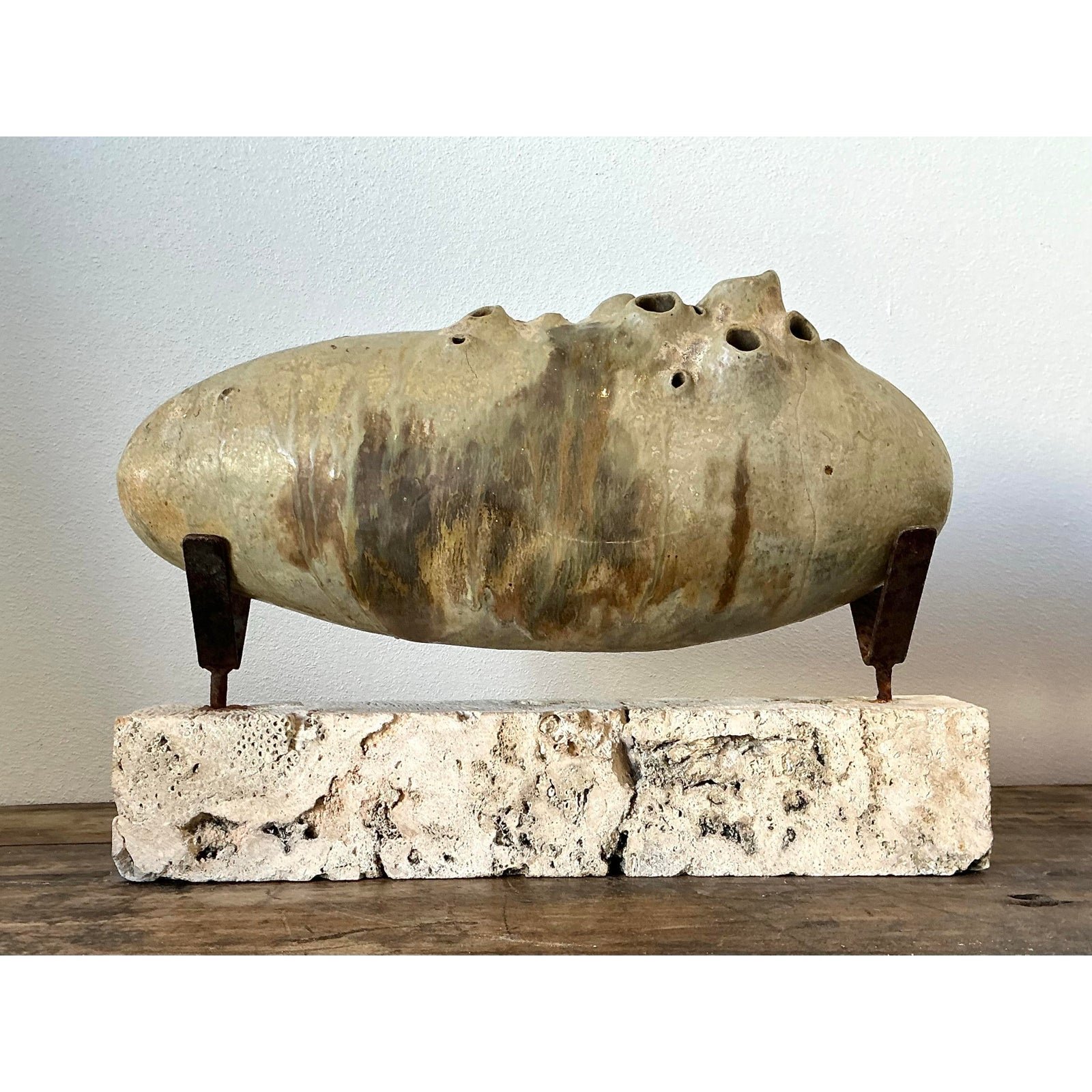 Vintage Original Abstract Studio Pottery Sculpture on Coquina Block Plinth - Side view