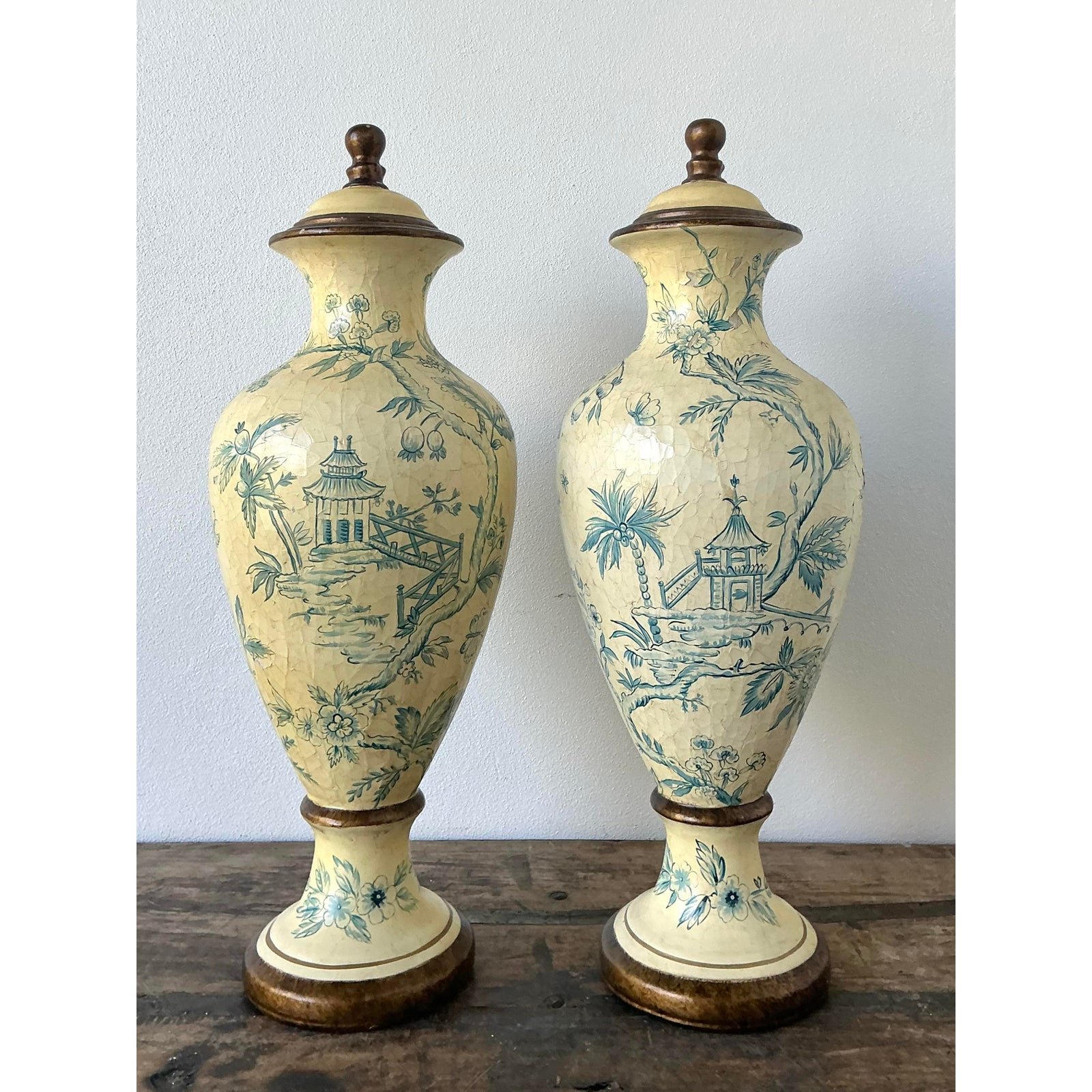 Vintage Crackle Finish Blue Willow Urns - A Pair - Detail view