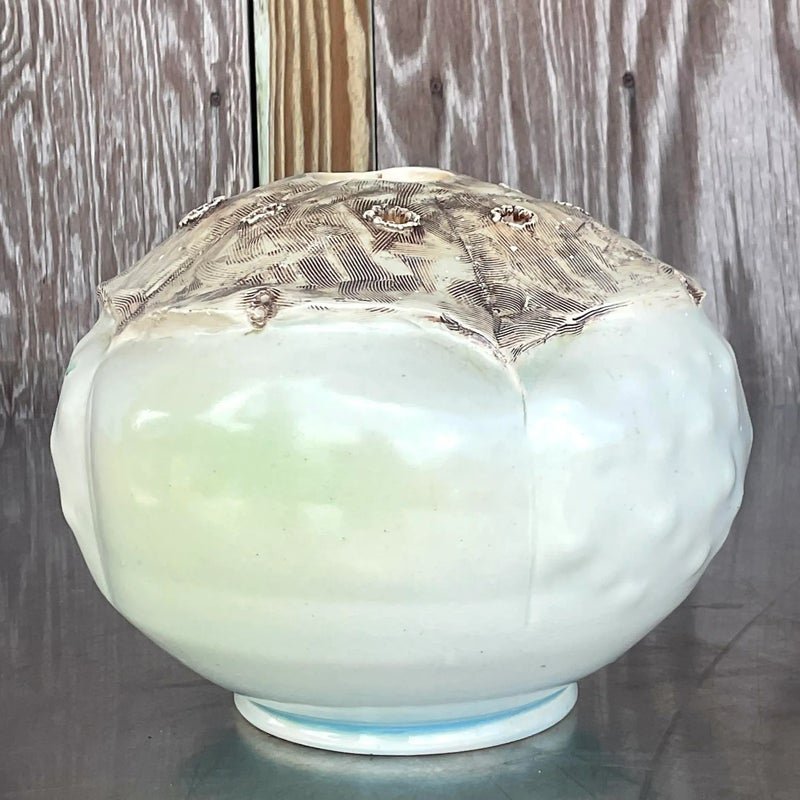 Vintage Boho Signed Studio Pottery Vase - Pottery, 7.5W x 7H - Detail view