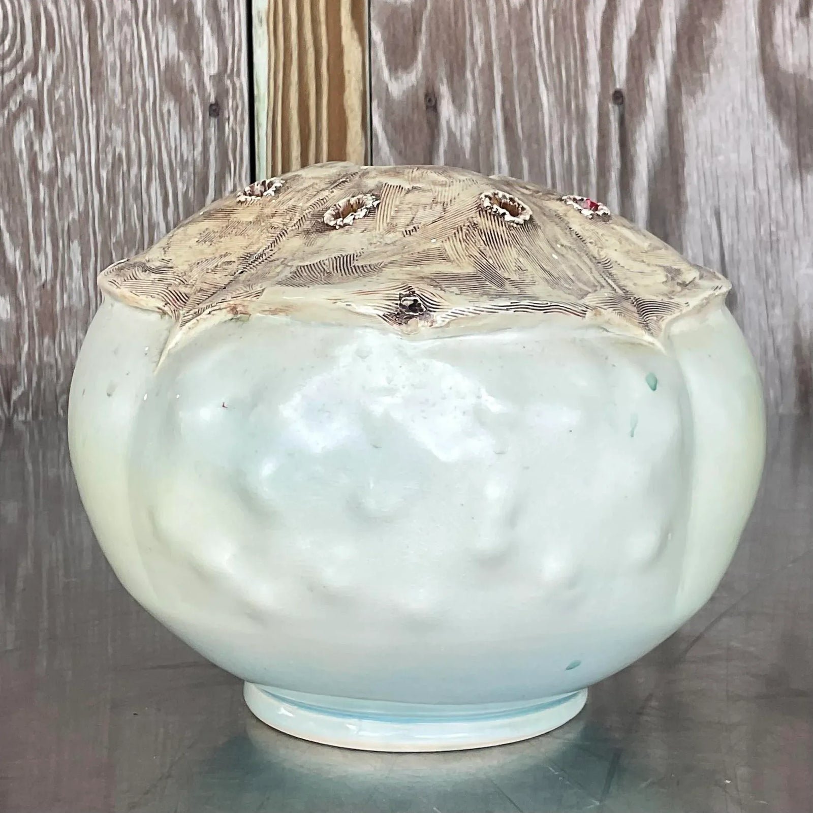 Vintage Boho Signed Studio Pottery Vase - Pottery, 7.5W x 7H - Top view