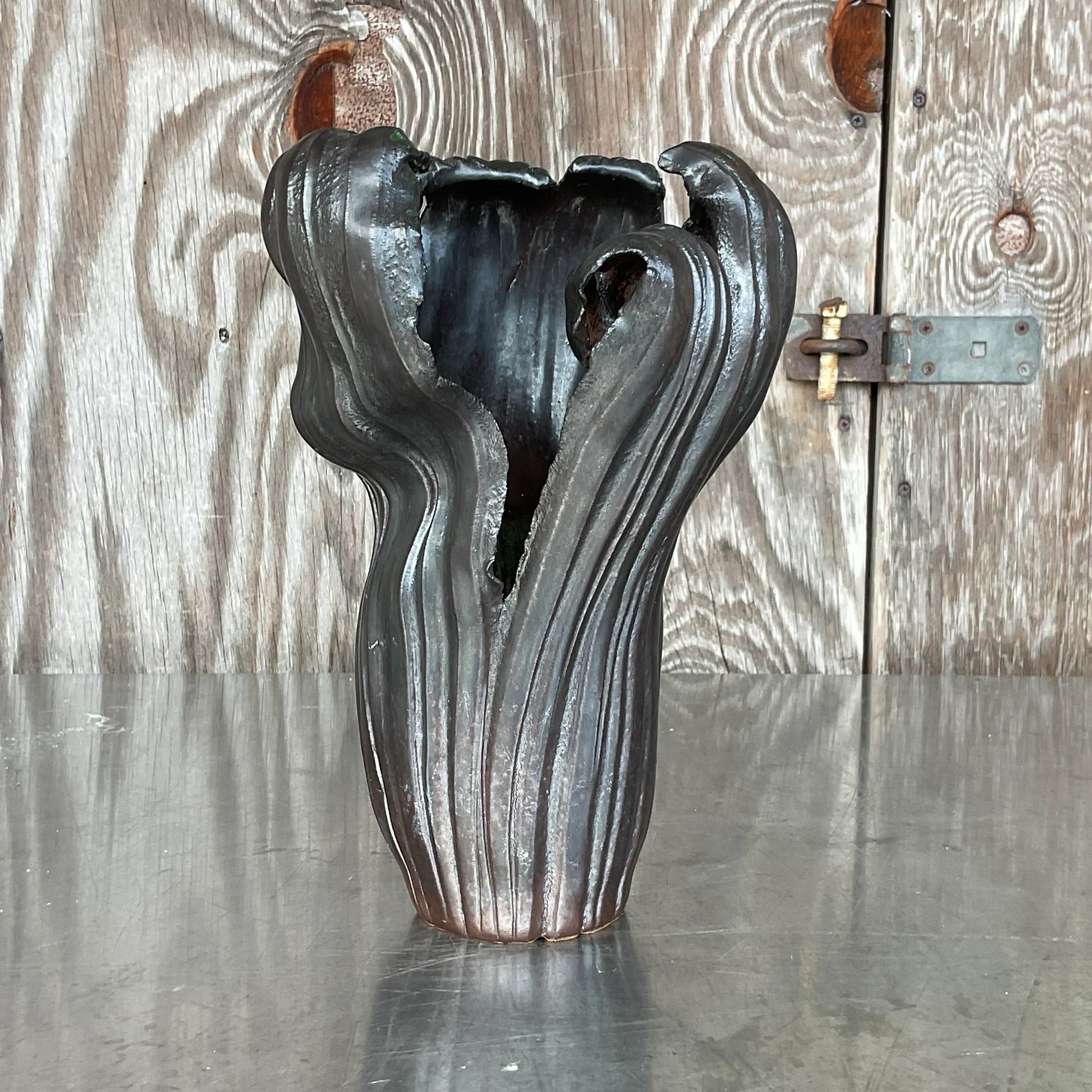 Vintage Boho Signed Studio Pottery Vase - Pottery, 7W x 12.25H - Side view