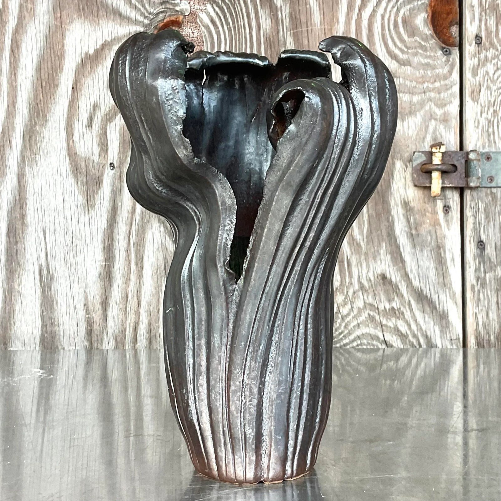 Vintage Boho Signed Studio Pottery Vase - Pottery, 7W x 12.25H - Back view