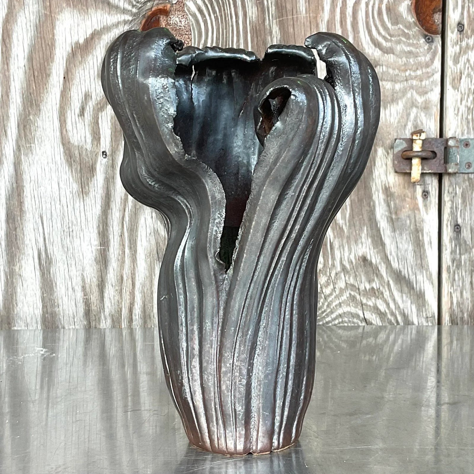 Vintage Boho Signed Studio Pottery Vase - Pottery, 7W x 12.25H - Top view