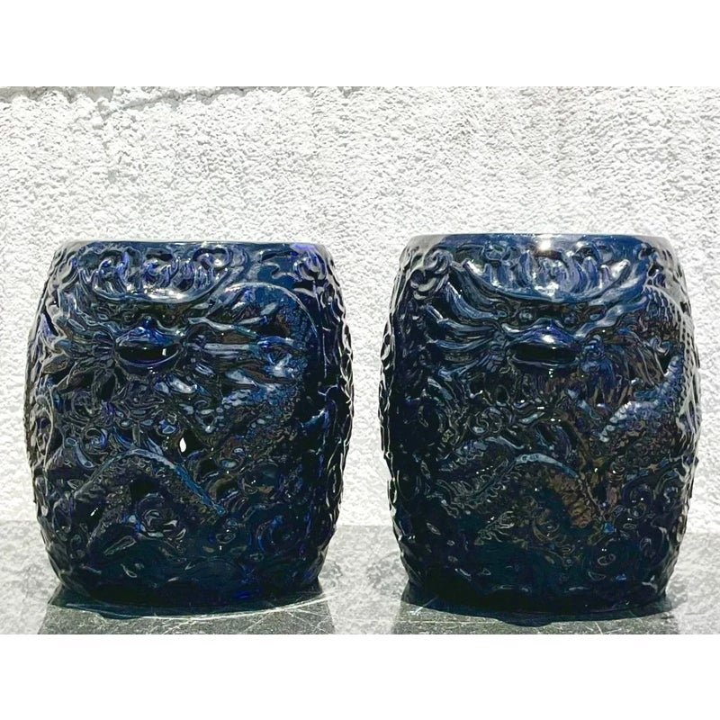 Vintage Boho Glazed Ceramic Dragon Stools - a Pair - Detail view