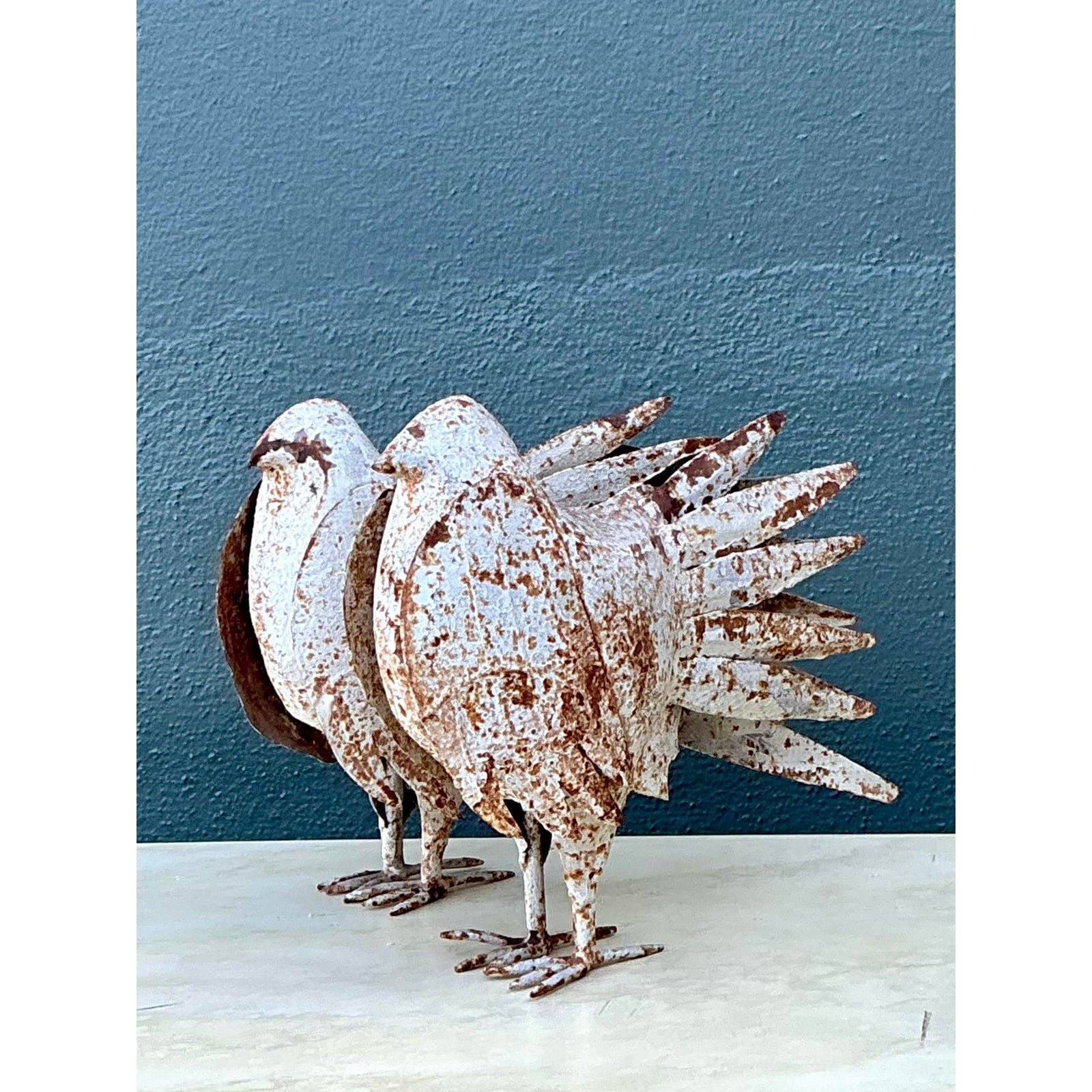 Vintage Distressed Punch Cut Metal Birds - A Pair - Back view