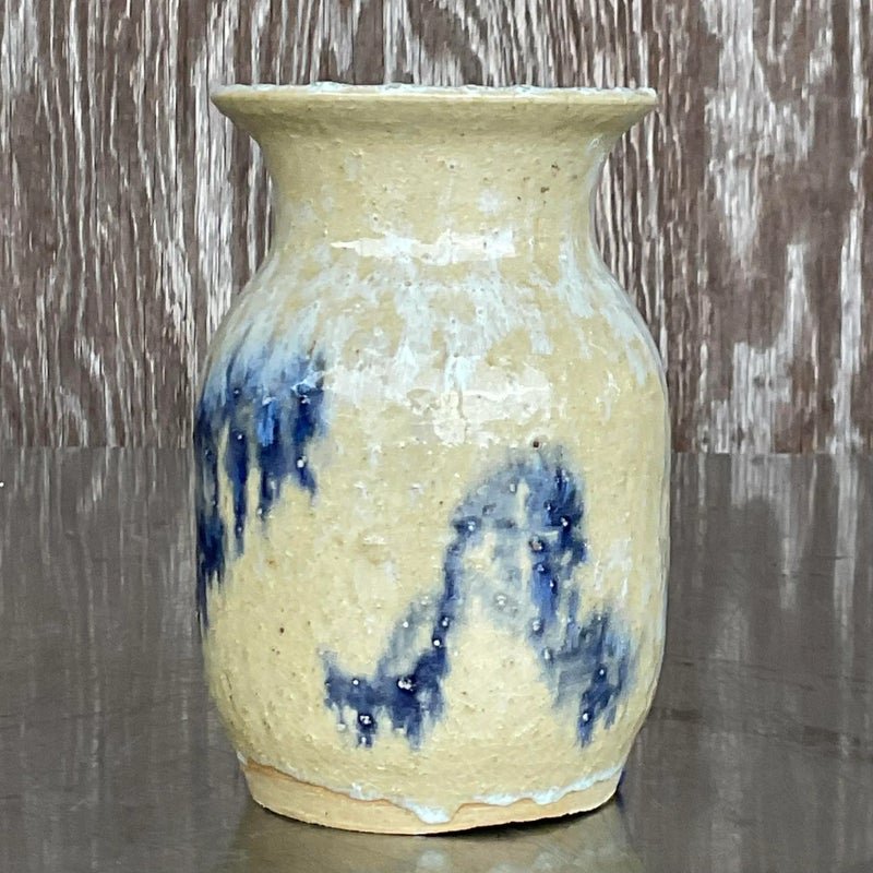 Vintage Boho Signed Studio Pottery Vase - Pottery, 4W x 6.25H - Top view
