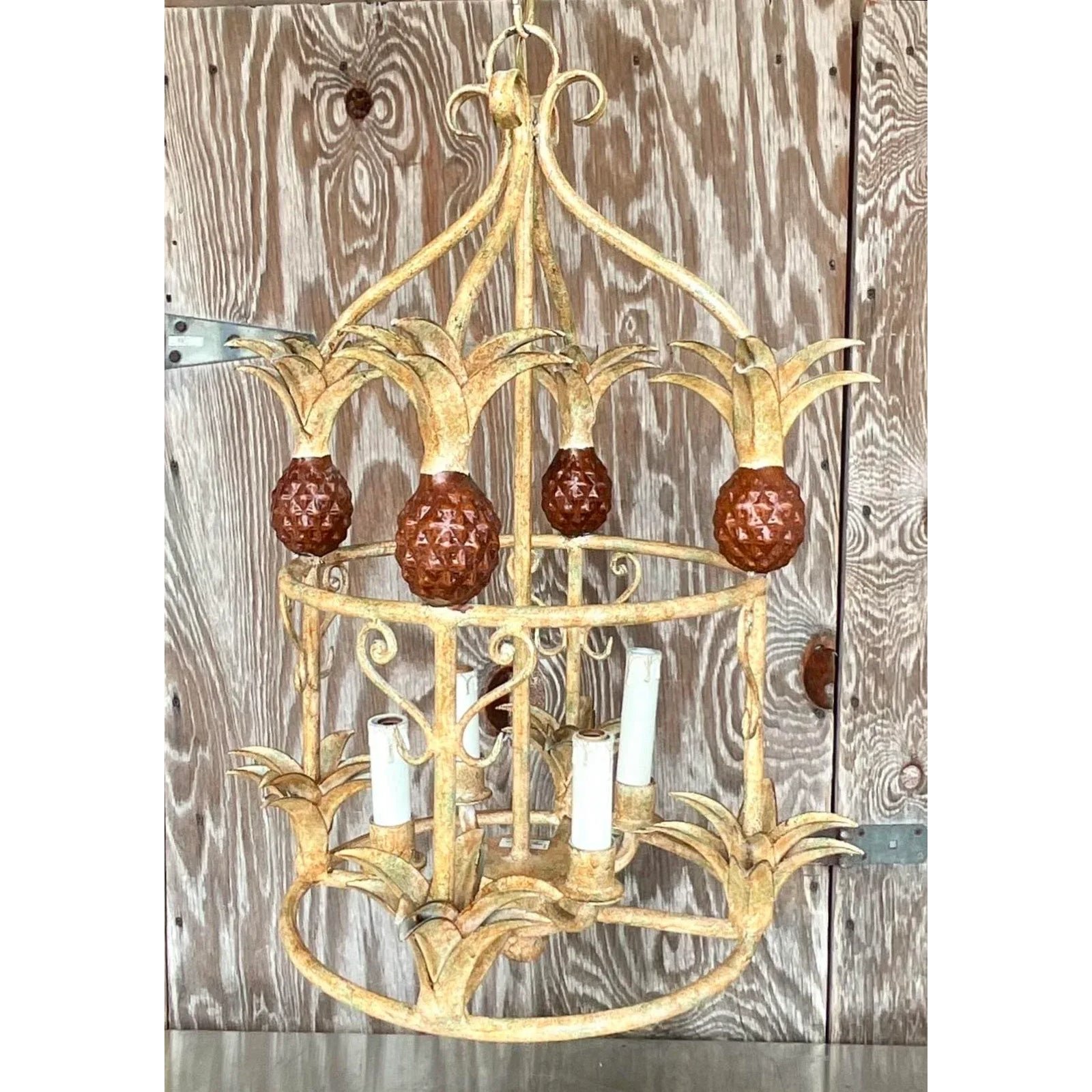 Vintage Coastal Painted Metal Pineapple Chandelier - Detail view