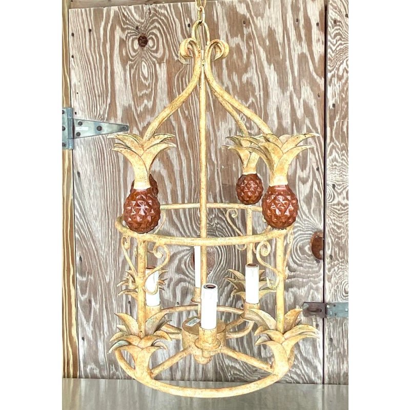 Vintage Coastal Painted Metal Pineapple Chandelier - Top view