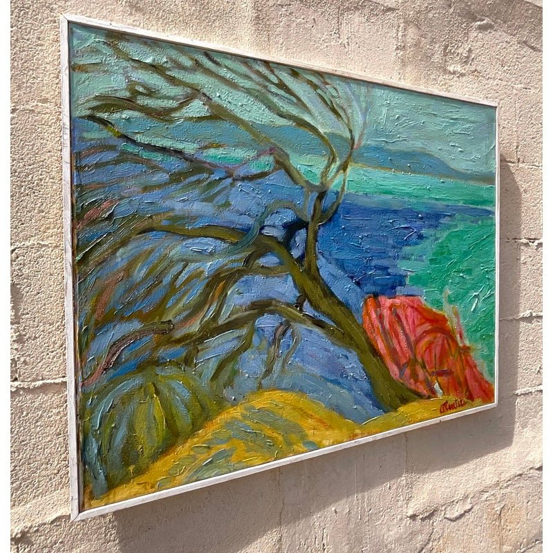 Vintage Boho Signed Original Abstract Expressionist Landscape Oil on Canvas - Side view