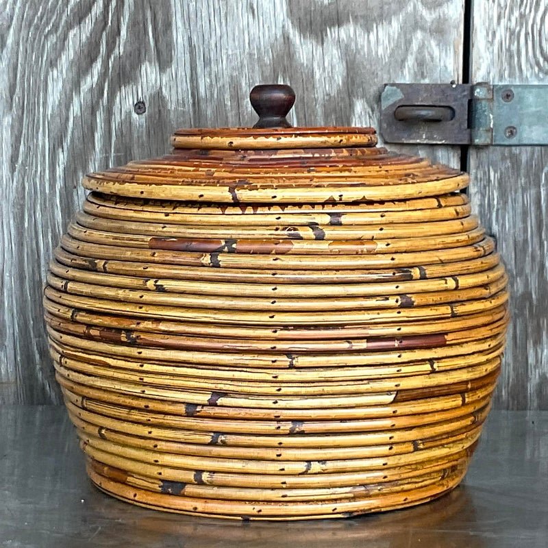 Vintage Costal Pencil Reed Low Lidded Urn - Detail view