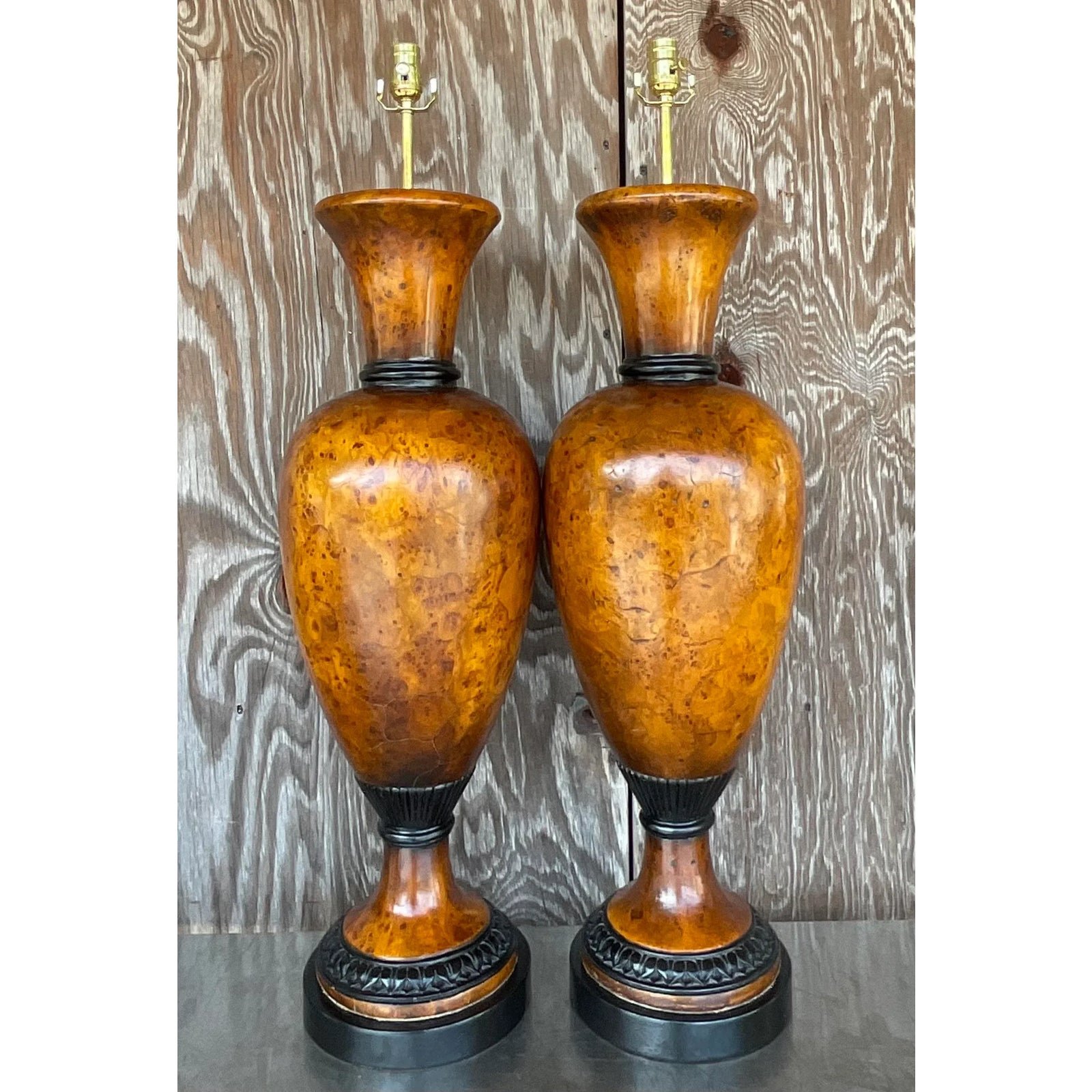 Vintage Late 20th Century Boho Burl Wood Urn Lamps - a Pair - Back view
