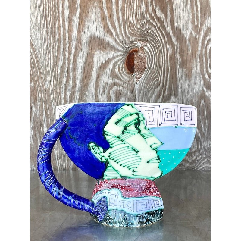 Vintage Boho Signed Hand Painted Glazed Ceramic Vessel - Side view