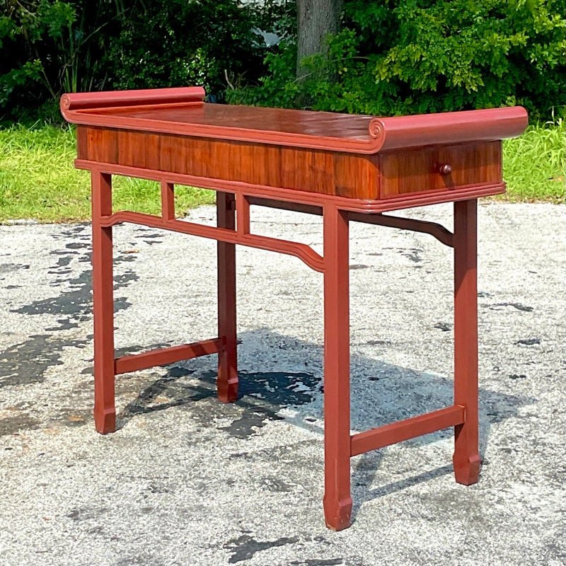 Late 20th Century Vintage Boho Reclaimed Wood Tall Pagoda Console Table - Detail view
