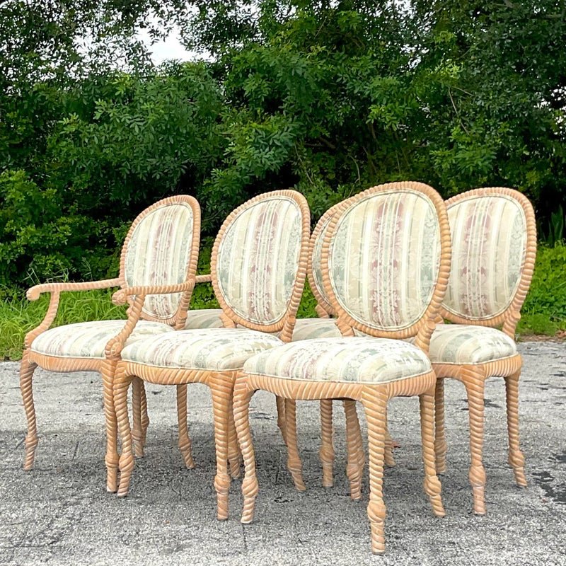 Vintage Boho Carved Wood Rope Design Dining Chairs - Set of 6 - Detail view