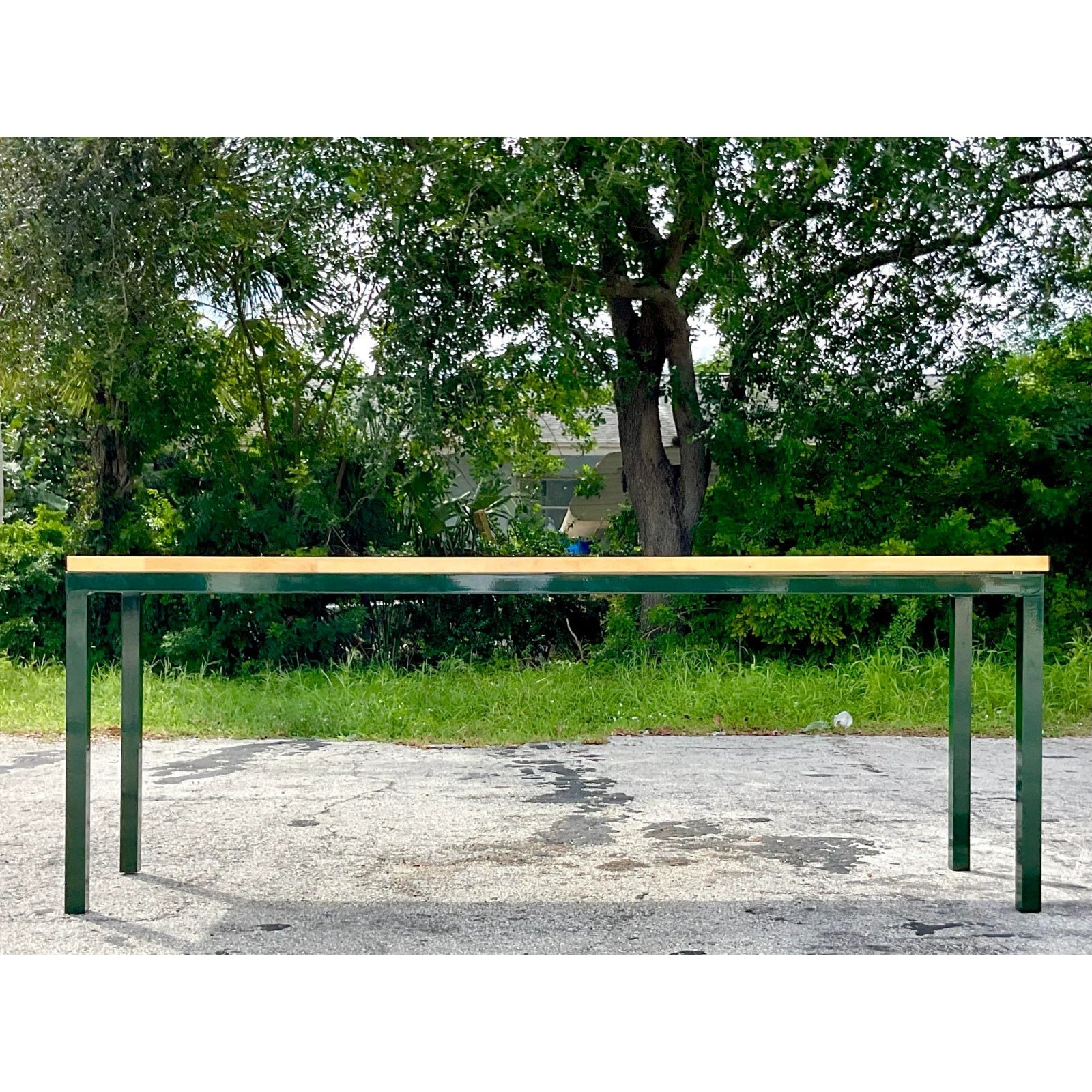 Vintage Boho Hunter Green Metal and Butcher Block Console Table, 1980s - Side view