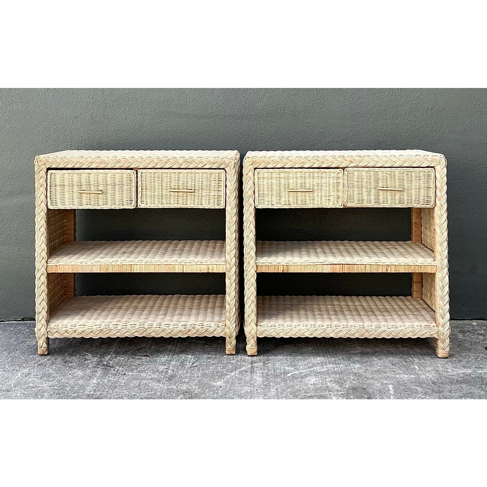 Vintage Braided Rattan Side Tables - A Pair - Side view