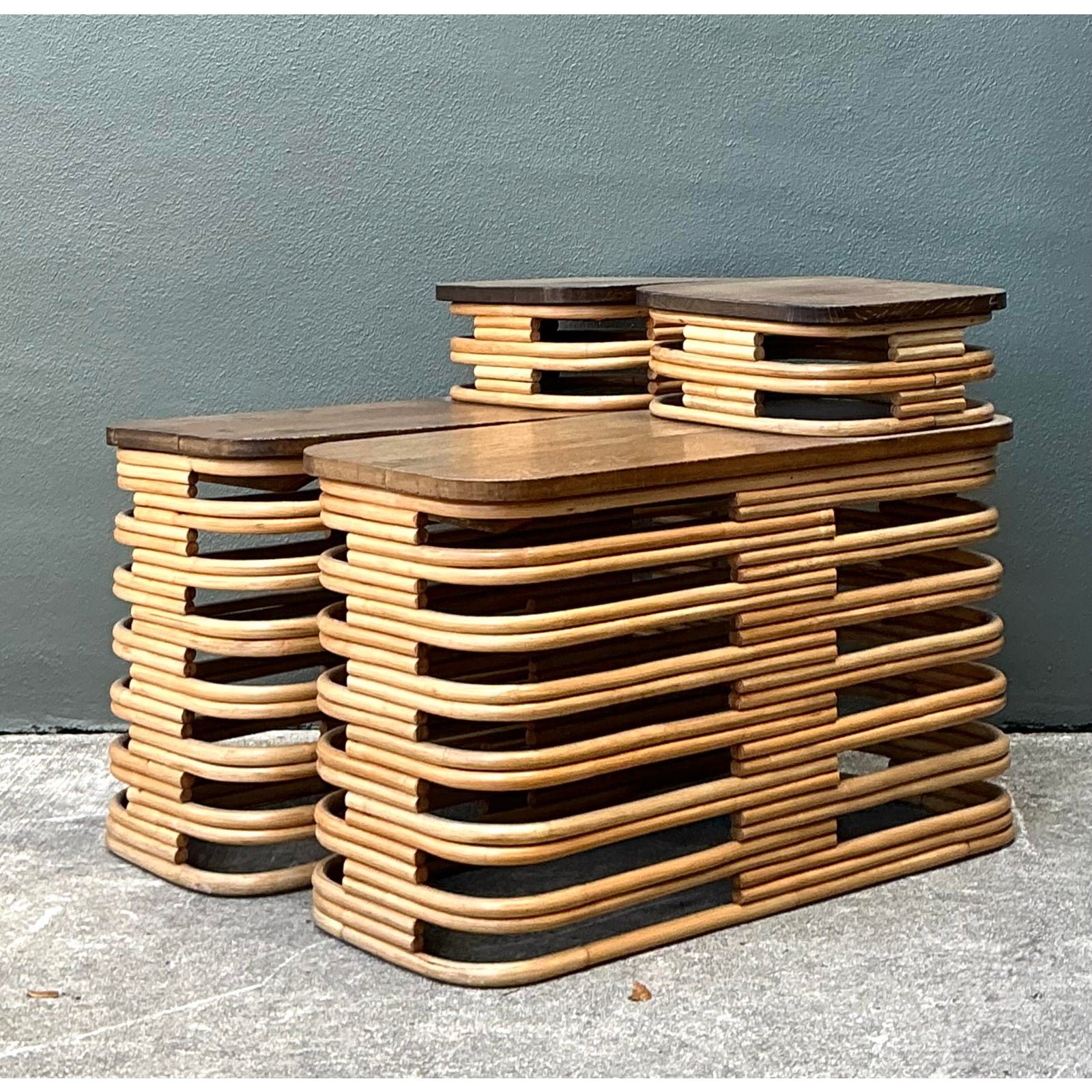 Vintage Stacked Rattan Side Tables After Frankl - A Pair - Detail view