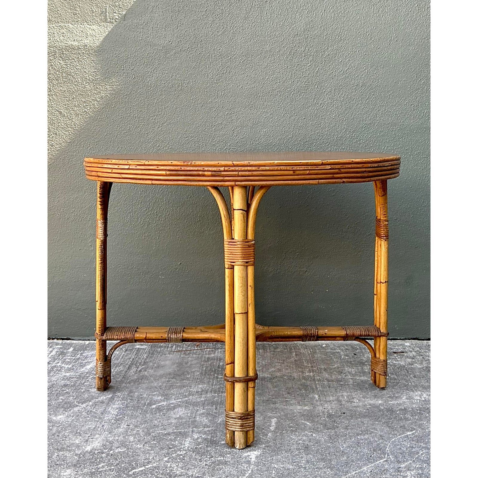 Vintage Bent Rattan Dining Table - Bamboo, 36.25W x 28H - Detail view