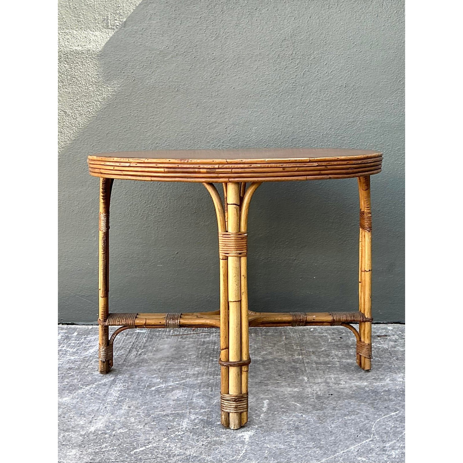Vintage Bent Rattan Dining Table - Bamboo, 36.25W x 28H - Side view