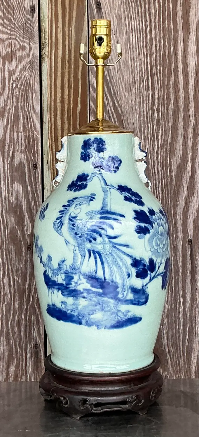 Antique 19th Century Asian Blue and White Rooster Lamp - Back view