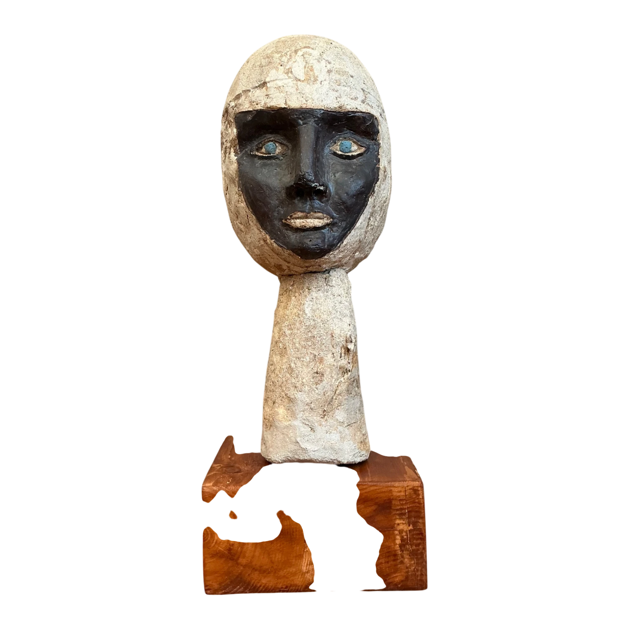 Vintage Plaster Head Sculpture on Wood Base - Detail view