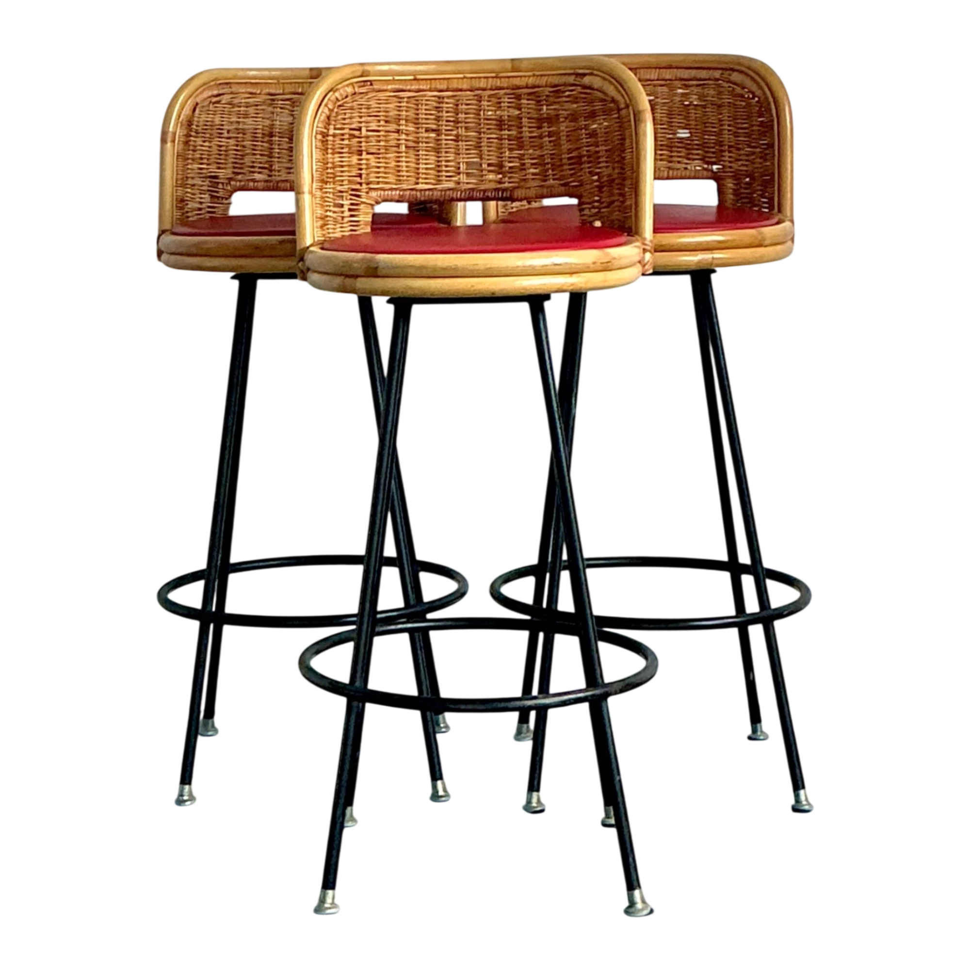 Vintage Rattan and Metal Bar Stools - Set of 3 - Detail view