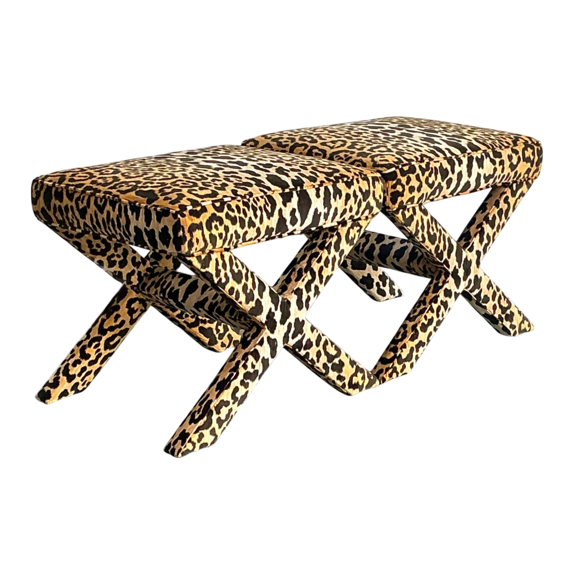 Vintage Leopard Velvet X-Base Stools - A Pair - Detail view